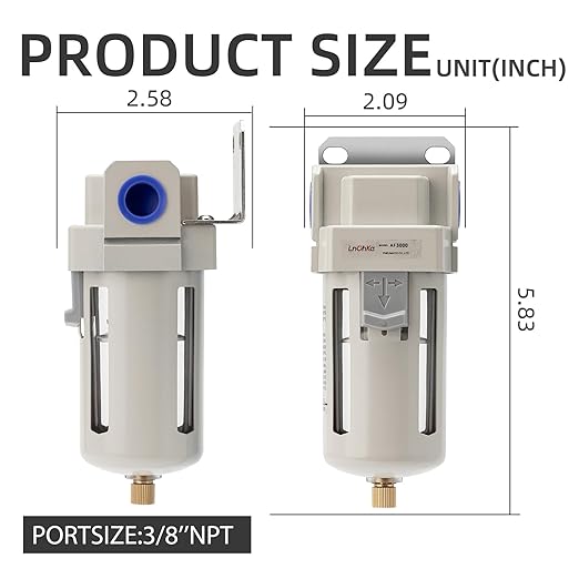Air Line Filter,3/8" NPT Port for Clean Air System AF3000-03,Air Dryer for Compressor,0-150PSI,5 Micron Brass Element,Semi-Auto Drain, Poly Bowl,Bracket