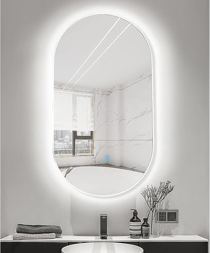 Oval LED Illuminated Bathroom Mirror, Wall-mounted Vanity Makeup Mirror with Demister Pad, 3 Dimmable Color Temperatures & Touch Control, Metal Frame Anti-Fog Lighted Wall Mirror ( Color : White Frame