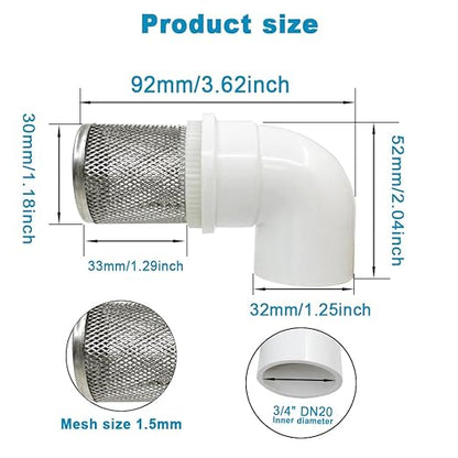 DN20 inch stainless steel filter cover connected to 90 degree elbow 3/4" PVC DN20 water pipe, suction hose strainer used to remove debris and reduce solid entry(1pcs)