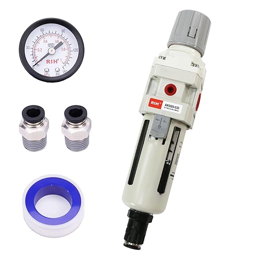 RIH 3/8"NPT Auto Drain Air Filter Pressure Regulator Combo Piggyback, 5 Micron Brass Element, Poly Bowl, Metal Bracket, 0-150 psi Gauge Air Tool Compressor Filter with Gauge (3/8"NPT Auto Drain)