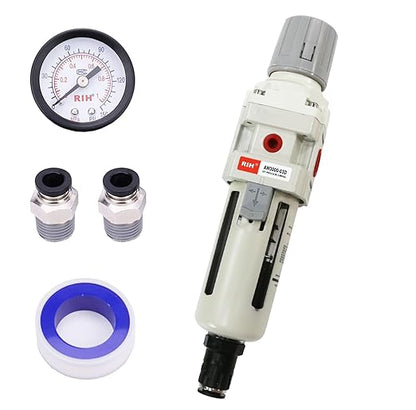 RIH 3/8"NPT Auto Drain Air Filter Pressure Regulator Combo Piggyback, 5 Micron Brass Element, Poly Bowl, Metal Bracket, 0-150 psi Gauge Air Tool Compressor Filter with Gauge (3/8"NPT Auto Drain)