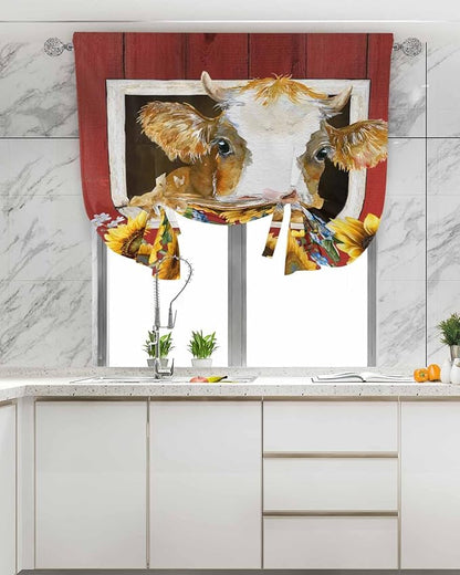 Tie Up Curtains for Windows, Cows Sunflowers Adjustable Balloon Nature Linen Textured Kitchen Curtain, Spring Floral Bees Farmhouse Barn Thermal Insulated Curtains for Window, 42" x 54"