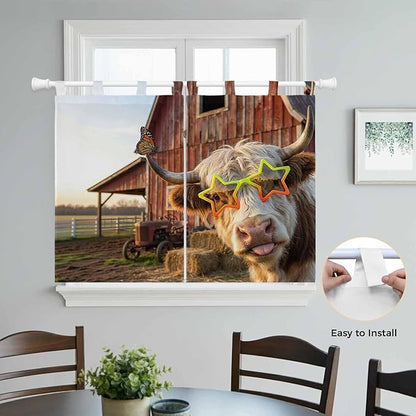 Farm Yaks Bedroom Curtains 63 Inch Length, Window Curtains Tab Top, Farmhouse Barn Funny Animals Butterfly Light Filtering Window Treatments Drapes 42"x63" 2 Panel