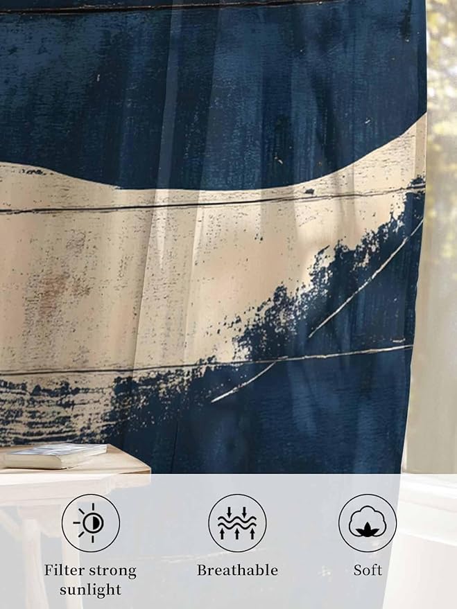 Sheer Curtains 72 Inches Long, Ocean Whale Blue Semi Sheer Curtains Light Filtering Window Treatment, Summer Coastal Vintage Wood Grain Privacy Voile Drapes for Living Room Bedroom 52x72 Inch