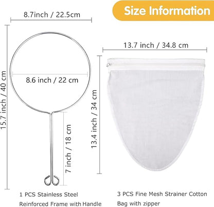 WMKGG Ultra Fine Mesh Strainer Bags, Reusable Filter Bags with Stainless Steel Handle Frame for Filter NutMilk, Coffee, Milk, Butter, Juices and Fresh Cheese (Large Size)