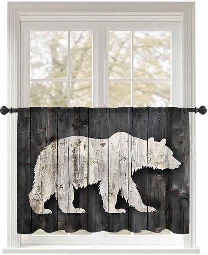 Sheer Curtains 45 Inch Length, White Brown Bear Semi Sheer Curtains Light Filtering Window Treatment, Farmhouse Country Rustic Wooden Grain Privacy Voile Drapes for Living Room Bedroom 52x45 Inch