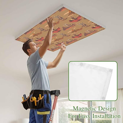 Cowboys Horses 3 Pcs Fluorescent Light Covers 4 x 2 Feet, Desert Ethnic Winds Brown Background Covers for Ceiling Lights Magnetic Light Cloth Filter for Classroom Office Home