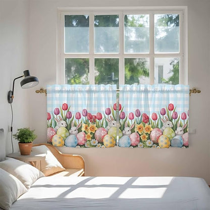 Easter Kitchen Tier Curtains 24 Inch Long 2 Panel Set,Rod Pocket Cafe Small Window Curtains Over Sink,Spring Bunny Colorful Eggs Tulip Flowers Blue Check Light Filtering Short Drapes 27.5"W x 24"L