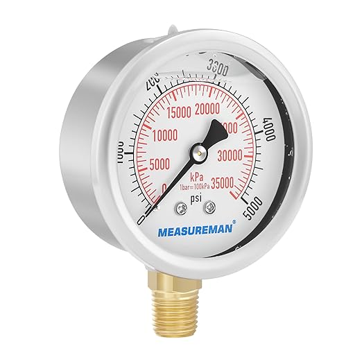 MEASUREMAN 2-1/2inch Dial Size, Liquid Filled Hydraulic Pressure Gauge, 0-5000psi/kpa, 304 Stainless Steel Case, 1/4inchNPT Lower Mount