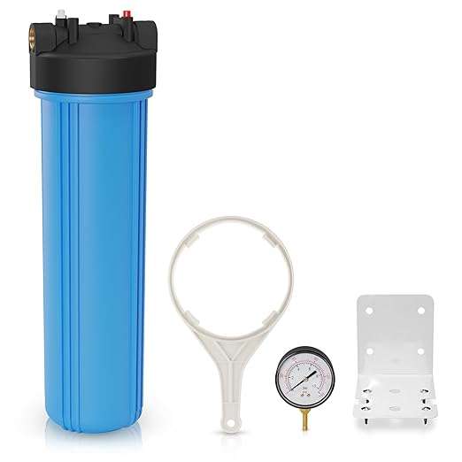 Max Water 20" x 4.5" Whole House Water Filter Housing (WHB20), 20" Sediment Carbon Filter Universal Housing (DB20P), Big Filter Blue Pre-Filtration System for Well Water, 1" NPT Port, Pressure Release