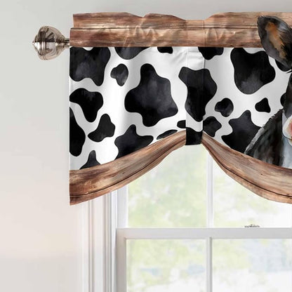Cow Printed Tie Up Valance Curtains for Windows, Kitchen Curtains Window Shades, Farmhouse Watercolor Country Wooden Grain Light Filtering Roman Curtain Valances for Bedroom/Bathroom/Cafe 42"x12"
