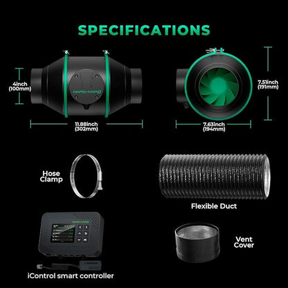 MARS Hydro 4" Smart Air Filtration Kit, Inline Duct Fan with iControl Temperature & Humidity Controller, App Remote Control, Carbon Filter Combo +25Ft Ducting, Grow Tent Hydroponics Ventilation System