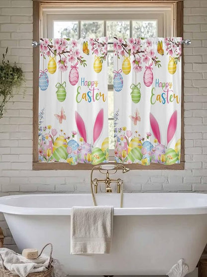 Happy Easter Kitchen Curtains 54 Inches Length, Spring Watercolor Bunny Eggs Flower Branch Window Treatment Curtain Drapes, Decorative Window Curtains for Bedroom Cafe, 52"x54", 2 Panels