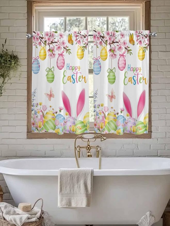 Happy Easter Tier Curtains 45 Inches Long, Spring Watercolor Bunny Eggs Flower Branch Window Treatment Curtain Drapes, Small Curtain Drapes for Bathroom Laundry Room, 27.5"x45", 2 Panels
