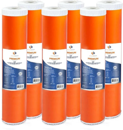 Aquaboon 20x4.5" Whole House Water Filter Cartridge – Premium KDF Heavy Metal & Chlorine Removal – Fits DB20P Housings 6 Pack