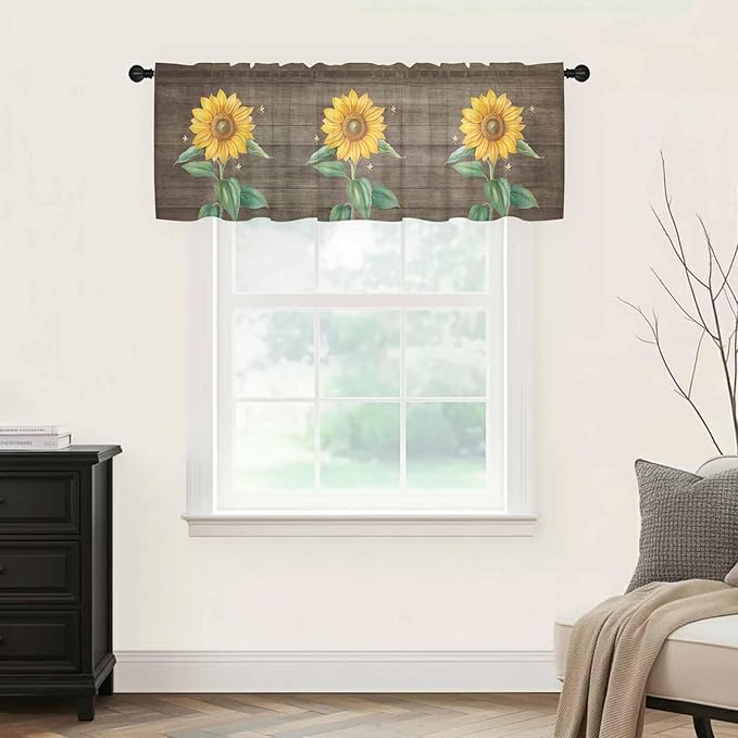 Summer Sunflower Sheer Valance Curtains, Yellow Floral Plants Bees Brown Wood Grain Light Filtering Kitchen Valances Rod Pocket Voile Curtain Window Treatment for Bedroom/Living Room/Basement 42Wx12L