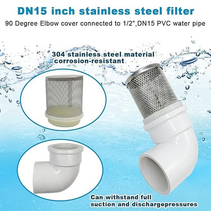 DN15 inch stainless steel filter cover connected to 90 degree elbow 1/2" PVC DN15 water pipe, suction hose strainer used to remove debris and reduce solid entry（1pcs）