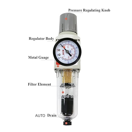 RIH 1/4" NPT Auto Drain Compressed Air Filter Regulator Combo Piggyback, 5 Micron Brass Element, Poly Bowl, Metal Bracket, 0-150 psi Gauge Air Tool Compressor Filter with Gauge (1/4" NPT)