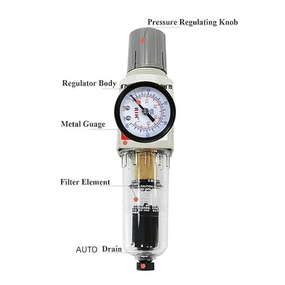 RIH 1/4" NPT Auto Drain Compressed Air Filter Regulator Combo Piggyback, 5 Micron Brass Element, Poly Bowl, Metal Bracket, 0-150 psi Gauge Air Tool Compressor Filter with Gauge (1/4" NPT)
