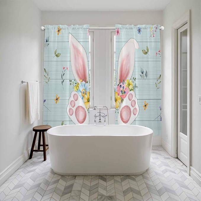 Easter Window Curtains 72 Inch Long 2 Panel Set, Rod Pocket Long Curtains & Drapes, Spring Rabbits Ears Feet Flowers Wooden Grain Light Filtering Window Treatment for Bedroom Living Room 52"W x 72"L