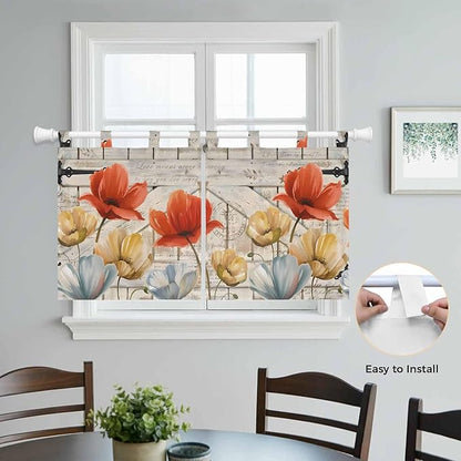 Retro Floral Kitchen Curtains 24 Inch Length, Small Window Curtains Tab Top, Red Yellow Tulips Barm Doors Farmhouse Wooden Light Filtering Short Window Treatments Tier Drapes 27.5"x24" 2 Panel