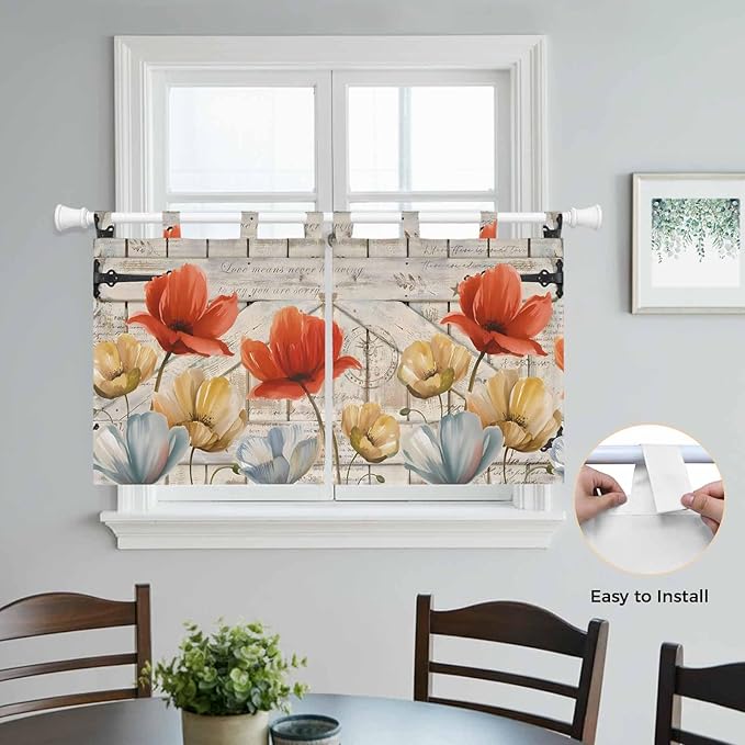 Retro Floral Kitchen Curtains 36 Inch Length, Small Window Curtains Tab Top, Red Yellow Tulips Barm Doors Farmhouse Wooden Light Filtering Short Window Treatments Tier Drapes 27.5"x36" 2 Panel