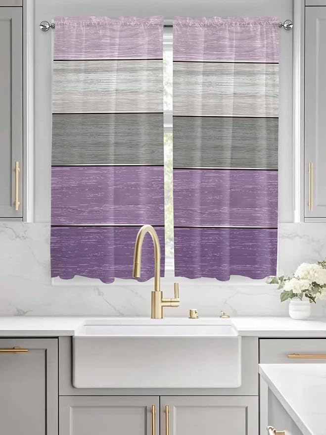 Country Wood Board Gray Purple Window Valance Curtains, Farmhouse Gradient Plank Light Filtering Kitchen Valance with 3-inch Rod Pocket for Living Room Bathroom Bedroom,2 Panel,42x63In