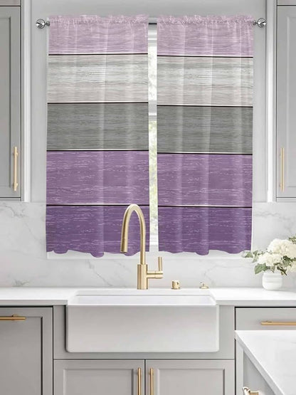 Country Wood Board Gray Purple Window Valance Curtains, Farmhouse Gradient Plank Light Filtering Kitchen Valance with 3-inch Rod Pocket for Living Room Bathroom Bedroom,2 Panel,42x63In