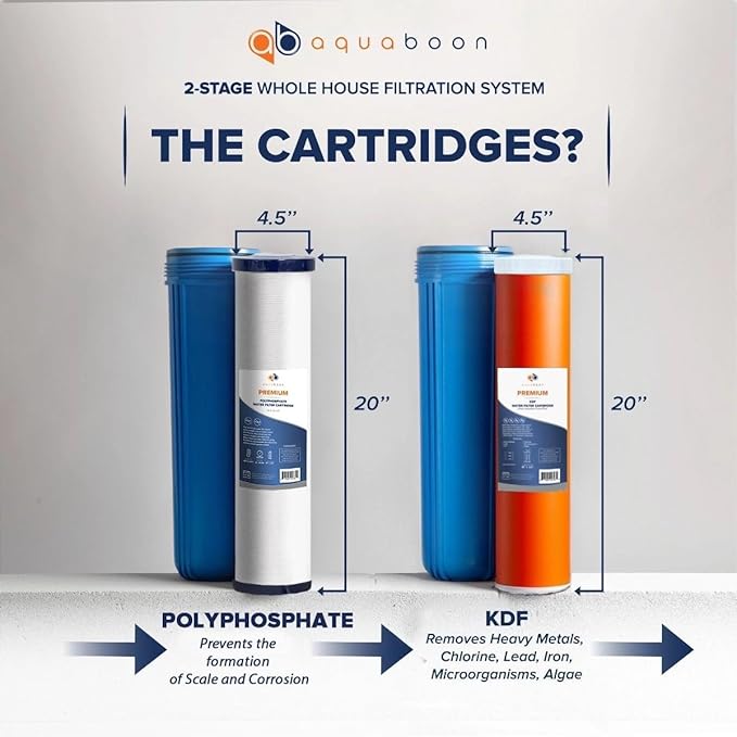 Aquaboon 2-Stage Water Filter System with Prefilter & 20x4.5 Anti-Scale/Sediment, KDF Whole House Filters, Pressure Gauge & Release, Wrench, Freestanding Steel Frame