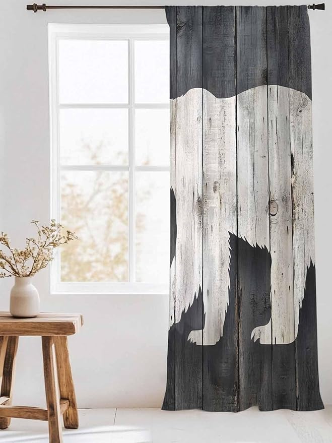 Sheer Curtains 84 Inches Long, White Brown Bear Semi Sheer Curtains Light Filtering Window Treatment, Rustic Counrty Vintage Wood Grain Privacy Voile Drapes for Living Room Bedroom 52x84 Inch
