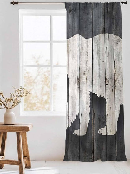 Sheer Curtains 96 Inches Long, White Brown Bear Semi Sheer Curtains Light Filtering Window Treatment, Rustic Counrty Vintage Wood Grain Privacy Voile Drapes for Living Room Bedroom 52x96 Inch