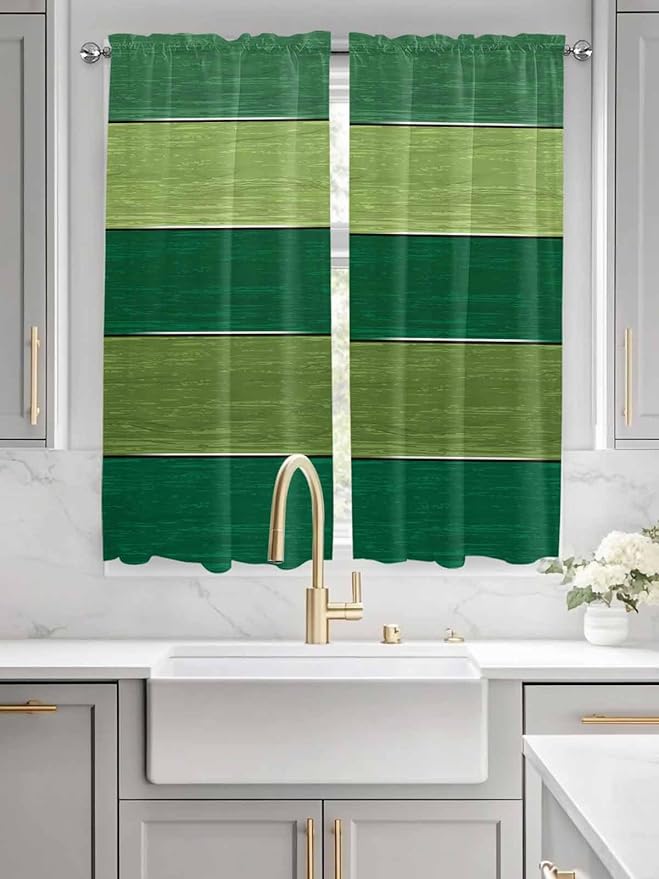 Farm Retro Green Wood Grain Window Valance Curtains, Rustic Wooden Plank Texture Light Filtering Kitchen Valance with 3-inch Rod Pocket for Living Room Bathroom Bedroom,2 Panel,52x72In