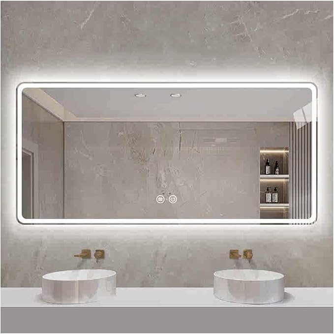 Smart Illuminated LED Bathroom Mirror，Bathroom Mirror with LED Lights，Energy-Saving LED Smart Mirrors，LED Mirror for Bathroom，with Demister Pad and Smart Touch Switch(H80*W90cm/H31.5*W35.4IN)