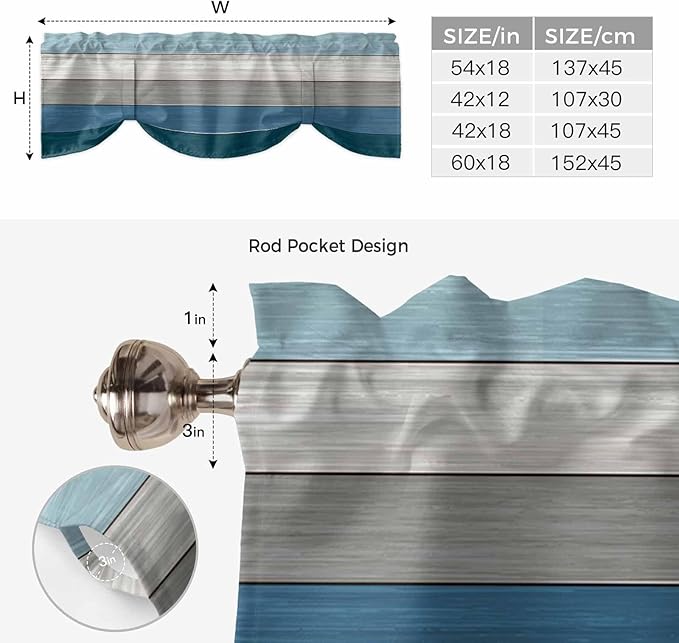 Blue Ombre Wooden Tie Up Valance Curtains for Windows, Kitchen Curtains Window Shades, Farmhouse Retro Wood Gradient Light Filtering Roman Curtain Valances for Bedroom/Bathroom/Cafe 42"x12"