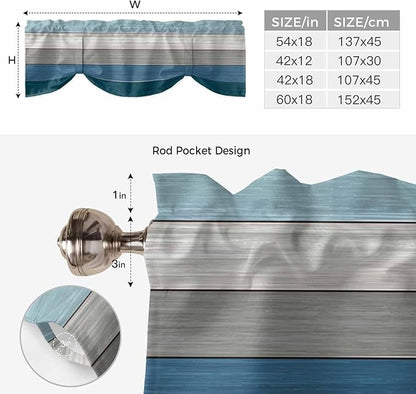 Blue Ombre Wooden Tie Up Valance Curtains for Windows, Kitchen Curtains Window Shades, Farmhouse Retro Wood Gradient Light Filtering Roman Curtain Valances for Bedroom/Bathroom/Cafe 42"x12"