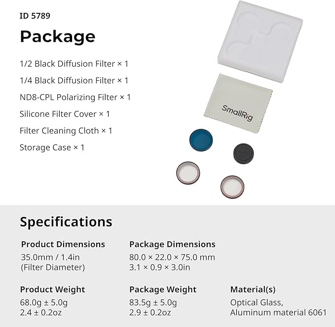 SmallRig Nano Filters Kit for DJI Osmo Nano, Including 1/2 Black Diffusion Filter, 1/4 Black Diffusion Filter, and ND8-CPL Polarizing Filters