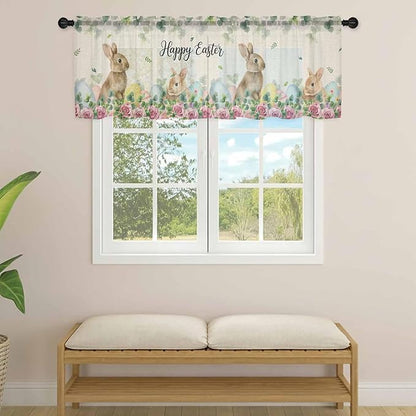 Easter Sheer Valances for Windows 42"x12", Light Filtering Kitchen Curtains Valance, Spring Watercolor Bunny Eggs Flower Leaf Beige Rod Pocket Chiffon Curtains for Living Room Bedroom Cafe