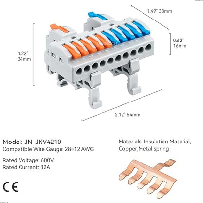 6pcs DIN Rail Terminal Blocks, DIY Splicing Wire Connectors for Circuit Inline 28-12AWG (2 in 10 Out)