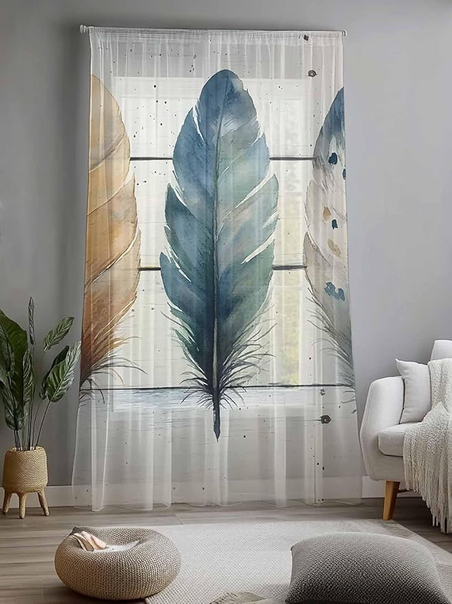 Sheer Curtains 84 Inches Long, Boho Blue Feathers Semi Sheer Curtains Light Filtering Window Treatment, Country Vintage Wooden Grain Privacy Voile Drapes for Living Room Bedroom 52x84 Inch
