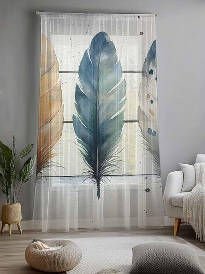 Sheer Curtains 84 Inches Long, Boho Blue Feathers Semi Sheer Curtains Light Filtering Window Treatment, Country Vintage Wooden Grain Privacy Voile Drapes for Living Room Bedroom 52x84 Inch