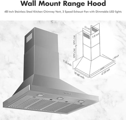 48 inch Wall Mount Range Hood Vent Convertible Vent 800CFM Stainless Steel for Kitchen 4 Speed Exhaust Fan ETL listed(48 inch Single motor)