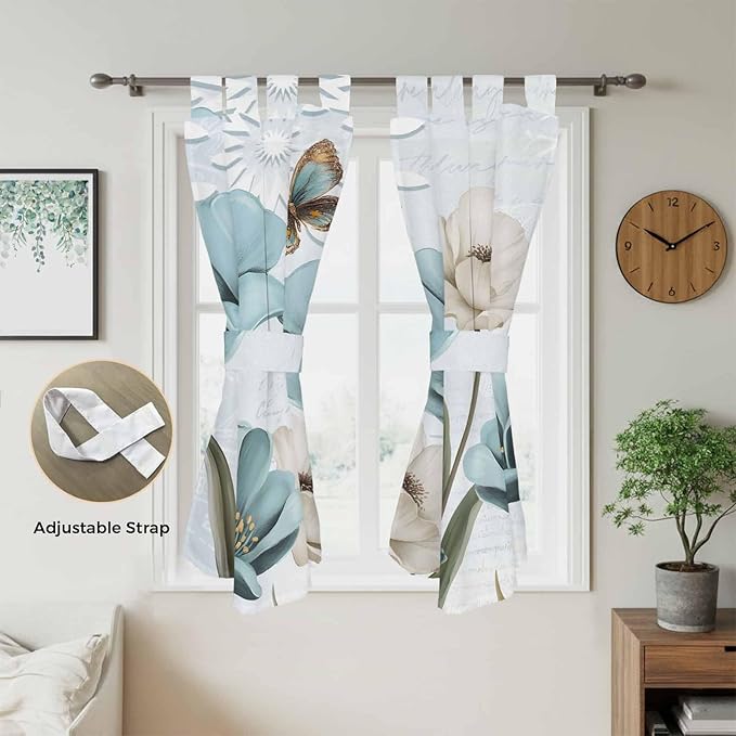 Blue Tulips Living Room Curtains 84 Inch Length, Window Curtains Tab Top, Watercolor Flowers Butterfly Spring Farmhouse Blue Light Filtering Window Treatments Drapes 42"x84" 2 Panel