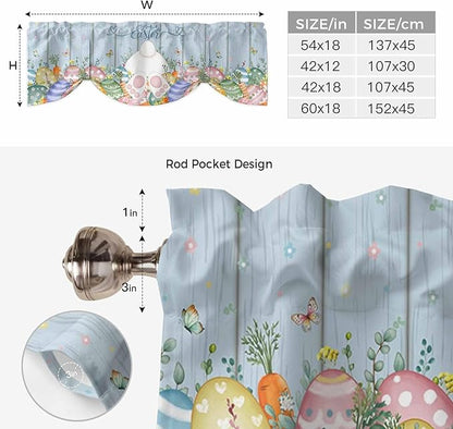 Spring Easter Tie Up Valance Curtains for Windows, Kitchen Curtains Window Shades, Rabbit Ears Foot Colorful Eggs Wooden Plank Light Filtering Roman Curtain Valances for Bedroom/Bathroom/Cafe 42"x12"