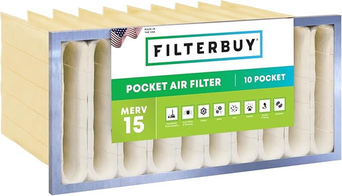 Filterbuy 12x24x15 10-Pocket Air Filter MERV 15 HVAC Replacement (1-Pack)