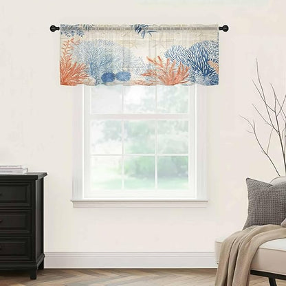 Ocean Corals Sheer Valance Curtains, Summer Beach Coral Sea Stars Retro Texture Light Filtering Kitchen Valances Rod Pocket Voile Curtain Window Treatment for Bedroom/Living Room/Basement 60Wx18L
