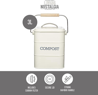 KitchenCraft Living Nostalgia Kitchen Compost Bin, Metal, 16.5 x 12 x 24 cm, Antique Cream