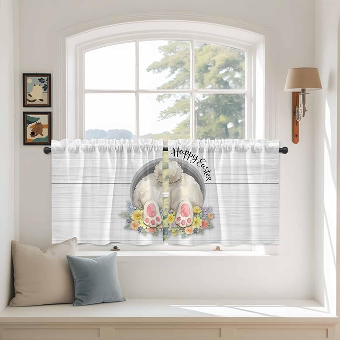 Easter Bunny Kitchen Tier Curtains 36 Inch Long 2 Panel Set,Rod Pocket Half Window Curtains Over Sink,3D Optical Illusion Farmhouse Flower Wood Grain Light Filtering Short Drapes Cafe 27.5"W x 36"L