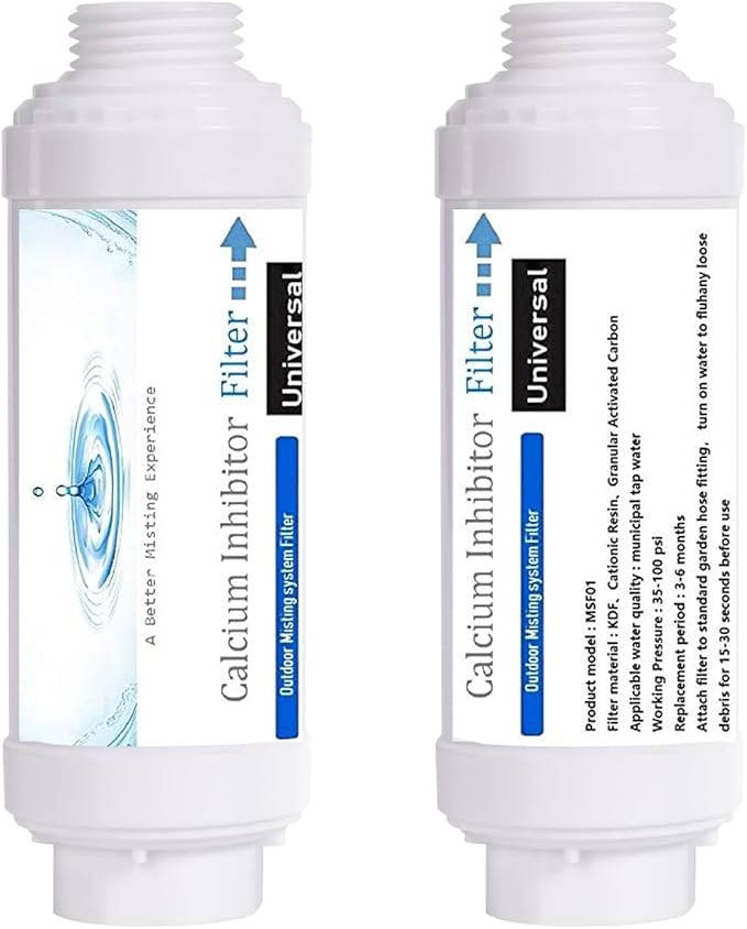 Misting System Calcium Inhibitor Filter for Patio Misters NSF certification Inline Water Soften Filter Effectively Reduce Hardness Spots, Soften Water, Upgraded Formula (PACK OF 2)