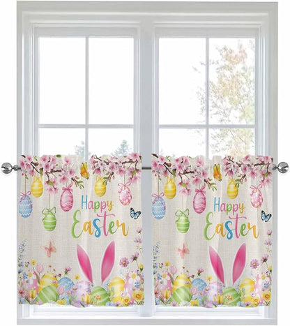 Happy Easter Half Window Curtains 24 Inches Long, Spring Farmhouse Bunny Eggs Flower Beige Window Treatment Curtain Drapes, Short Curtains Tiers for Kitchen Over Sink, 27.5"x24", 2 Panels