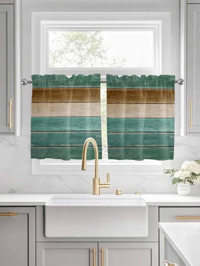 Vintage Plank Turquoise Brown Window Valance Curtains, Farmhouse Wood Grain Light Filtering Kitchen Valance with 3-inch Rod Pocket for Living Room Bathroom Bedroom,2 Panel,27.5x24In